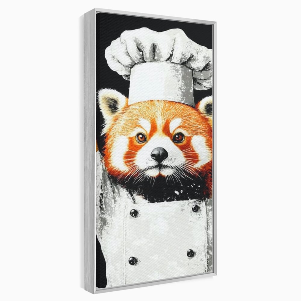 Tablou canvas cu tablou canvas cu panda rosu bucatar, in rama de aluminiu argintiu